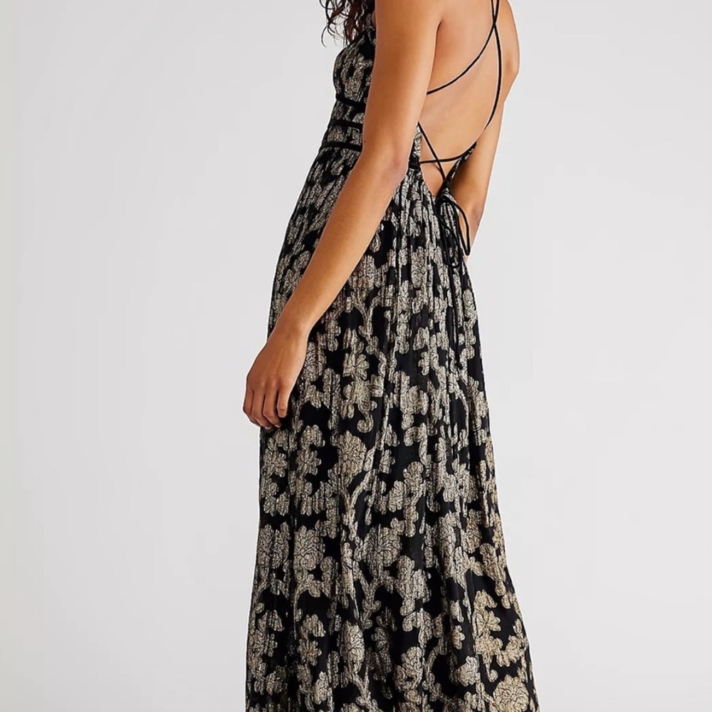 Free People Charlie Bustier Metallic Velvet Ribbon Strappy Open Back Maxi Gown L - Picture 4 of 7